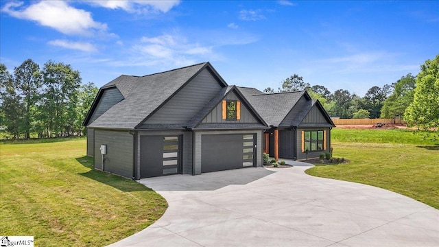 view of front of house featuring a garage, a shingled roof, concrete driveway, and a front lawn