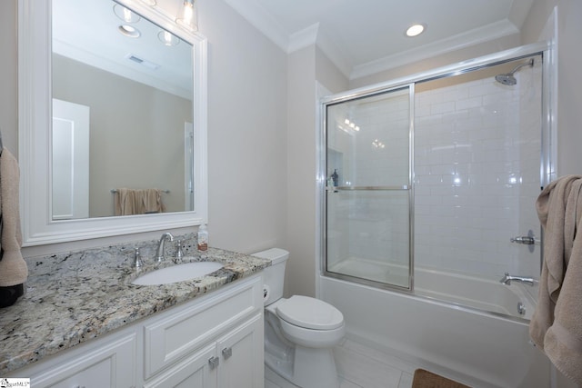 bathroom with visible vents, ornamental molding, vanity, toilet, and bath / shower combo with glass door