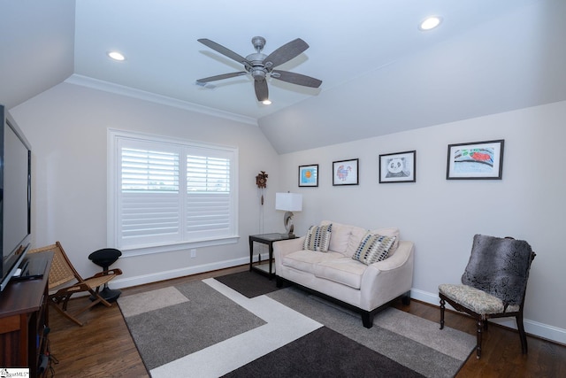 sitting room with lofted ceiling, wood finished floors, baseboards, recessed lighting, and a ceiling fan