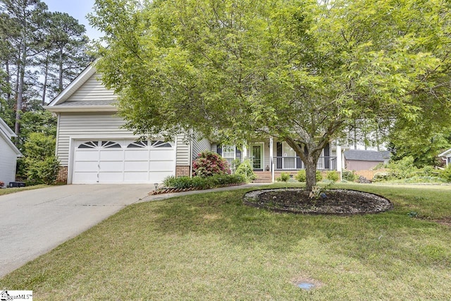 obstructed view of property with a garage, a front lawn, brick siding, a porch, and driveway
