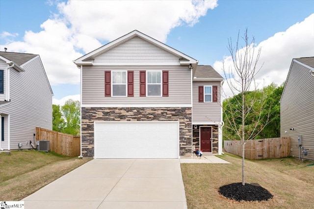 craftsman house with a garage, central air condition unit, fence, concrete driveway, and stone siding