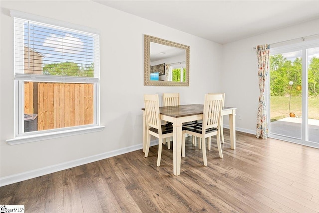 dining space featuring baseboards and wood finished floors