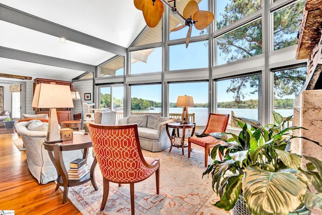 105 Seabright Cir, Cross Hill, SC 39332 - living room with a water view, high vaulted ceiling, and a healthy amount of sunlight