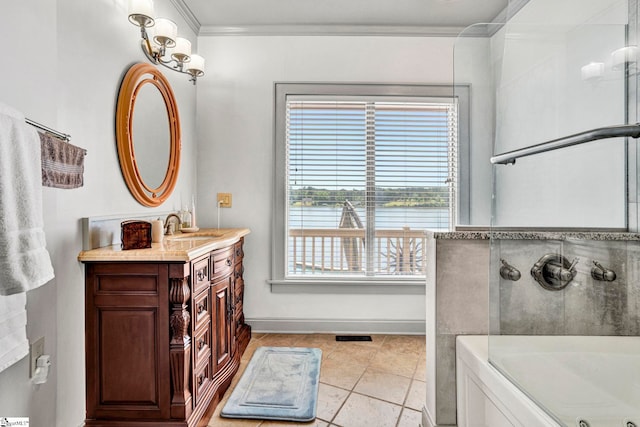 105 Seabright Cir, Cross Hill, SC 39332 - bathroom with vanity, ornamental molding, a shower, baseboards, and a tub