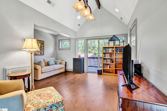 105 Seabright Cir, Cross Hill, SC 39332 - living area with beamed ceiling, high vaulted ceiling, visible vents, and wood finished floors