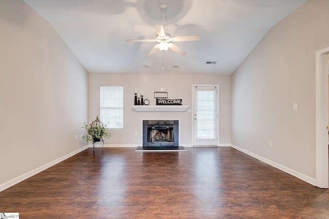 4 Creekbend Ct, Simpsonville, SC 29681 - unfurnished living room featuring ceiling fan, visible vents, wood finished floors, baseboards, and a fireplace with raised hearth