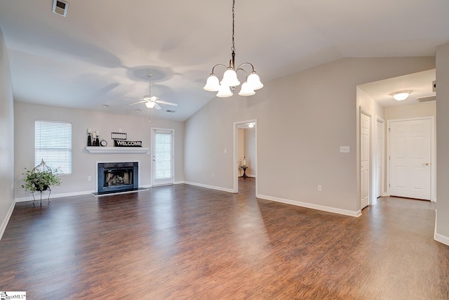 4 Creekbend Ct, Simpsonville, SC 29681 - unfurnished living room with visible vents, dark wood finished floors, ceiling fan with notable chandelier, and lofted ceiling