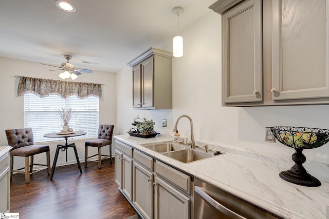 4 Creekbend Ct, Simpsonville, SC 29681 - kitchen with ceiling fan, dark wood-style floors, a sink, gray cabinetry, and pendant lighting