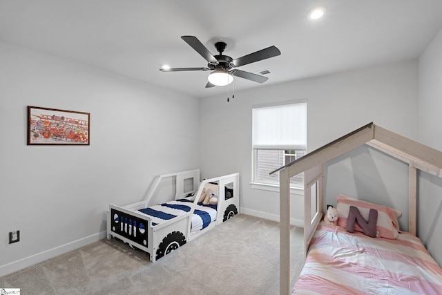 bedroom featuring carpet floors, recessed lighting, baseboards, and visible vents
