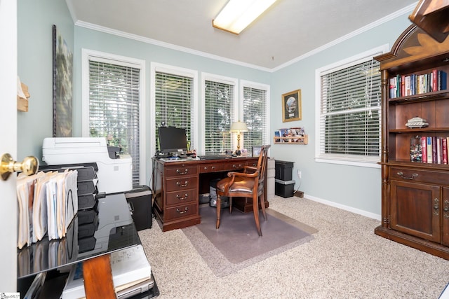 home office featuring crown molding and baseboards