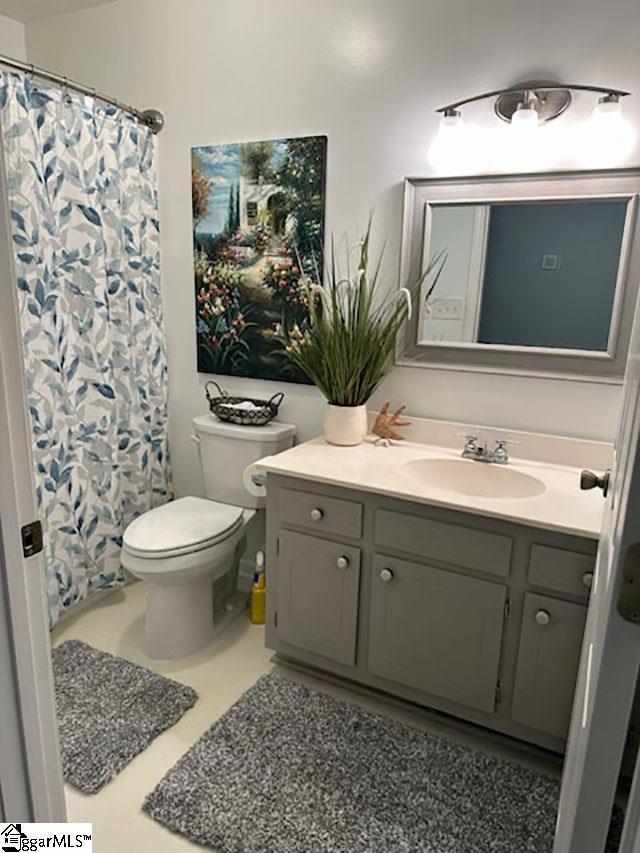 full bath featuring vanity, toilet, and a shower with shower curtain