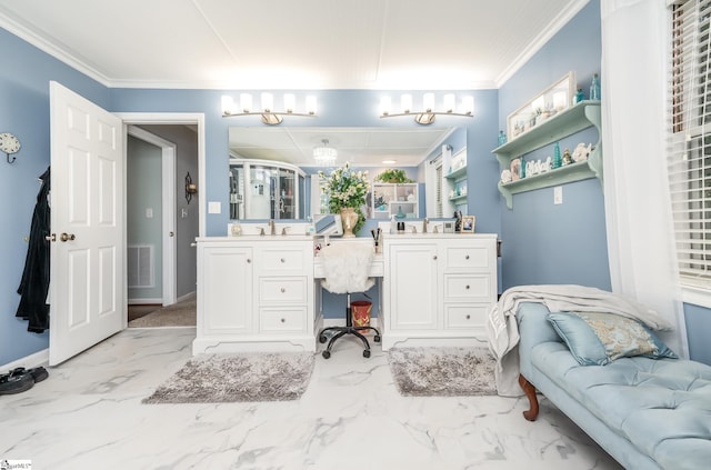 full bathroom featuring vanity, marble finish floor, a shower, visible vents, and ornamental molding