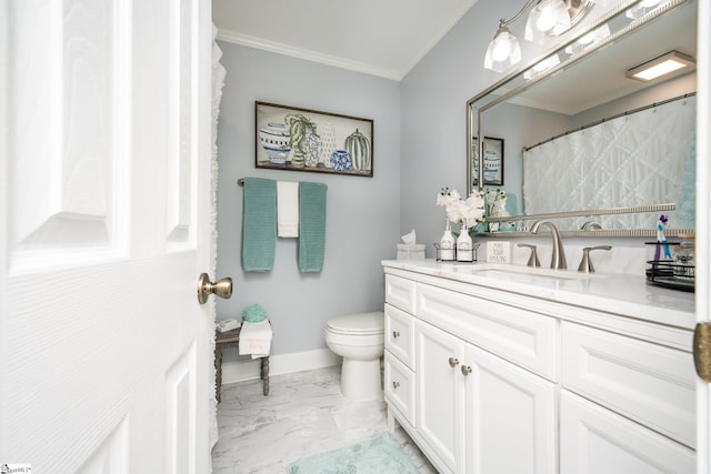 bathroom featuring crown molding, vanity, marble finish floor, toilet, and baseboards