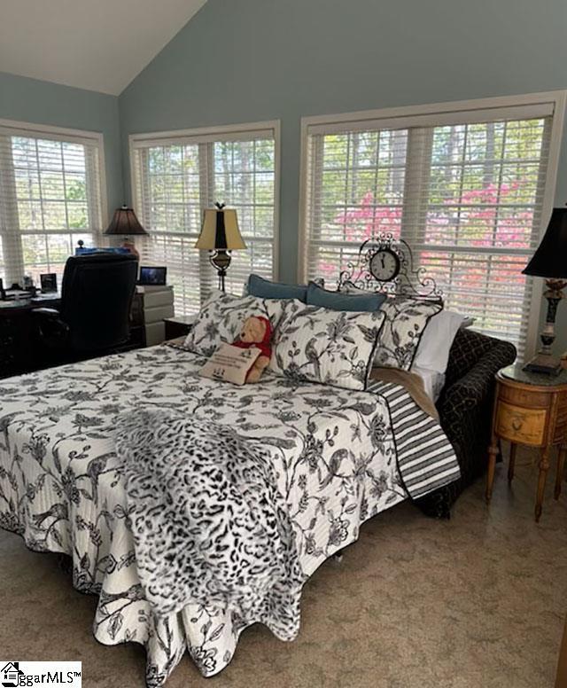 bedroom with carpet flooring and high vaulted ceiling
