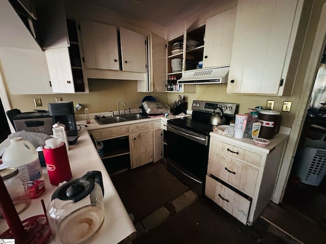 903 Calvert Ave, Clinton, SC 29325 - kitchen with open shelves, a sink, ventilation hood, light countertops, and stainless steel electric stove