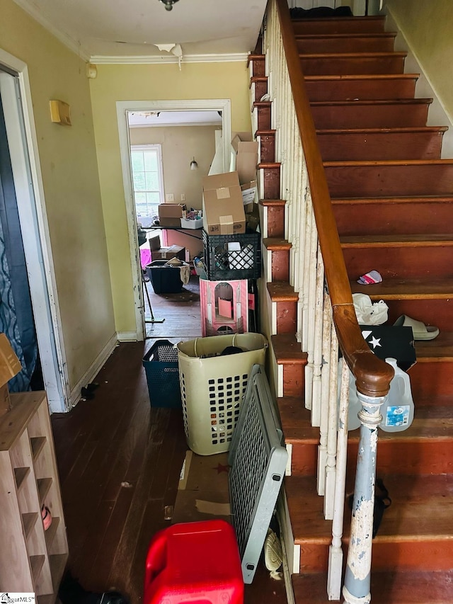 903 Calvert Ave, Clinton, SC 29325 - stairs featuring baseboards, ornamental molding, and wood-type flooring