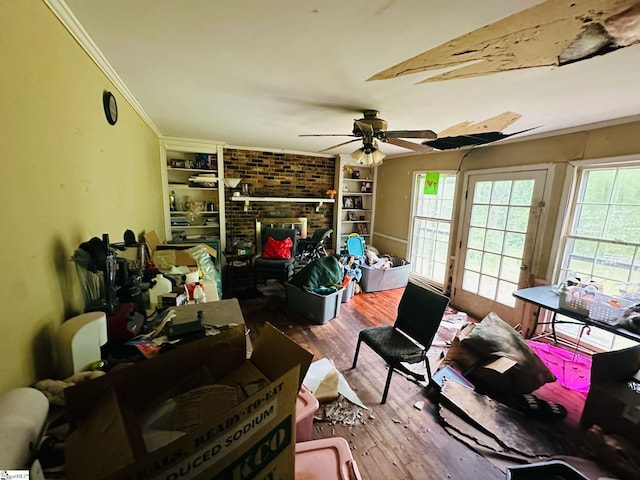 903 Calvert Ave, Clinton, SC 29325 - bedroom with access to outside, ornamental molding, a ceiling fan, and wood finished floors