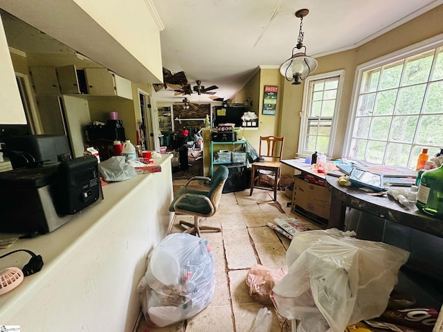 903 Calvert Ave, Clinton, SC 29325 - interior space with ornamental molding, a ceiling fan, and stone finish flooring