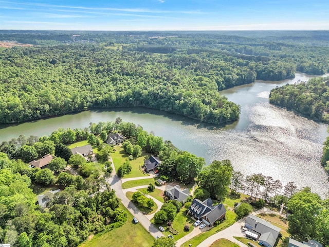 aerial view featuring a water view and a view of trees