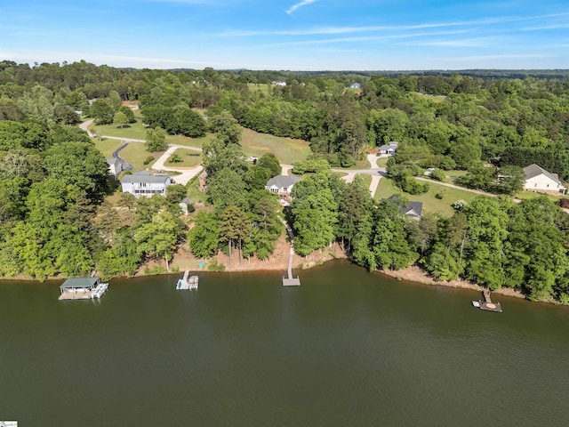 aerial view featuring a water view and a wooded view