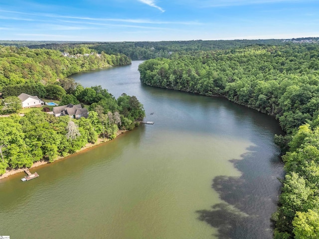 drone / aerial view featuring a forest view and a water view