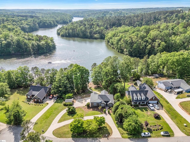bird's eye view featuring a water view and a forest view