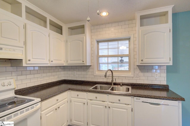 602 Habersham Ln, Easley, SC 29642 - kitchen with white cabinets, dark countertops, a sink, white appliances, and custom range hood