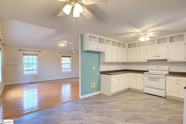 602 Habersham Ln, Easley, SC 29642 - kitchen with a ceiling fan, dark countertops, baseboards, white range with electric stovetop, and under cabinet range hood