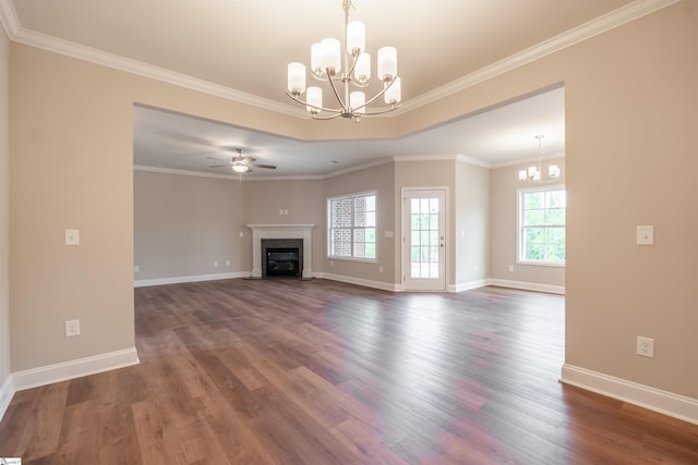 241 Carriage Gate Dr, Wellford, SC 29385 - unfurnished living room with baseboards, a fireplace with flush hearth, dark wood-style floors, and ceiling fan with notable chandelier