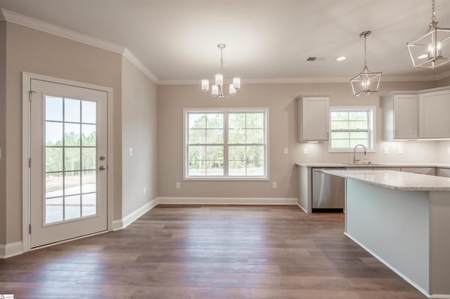 241 Carriage Gate Dr, Wellford, SC 29385 - kitchen with stainless steel dishwasher, crown molding, visible vents, an inviting chandelier, and a sink
