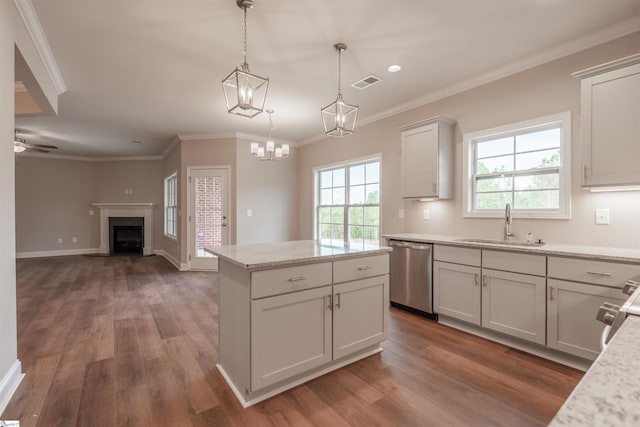 241 Carriage Gate Dr, Wellford, SC 29385 - kitchen with visible vents, a fireplace, dark wood finished floors, dishwasher, and a sink
