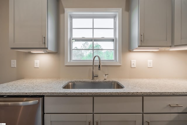 241 Carriage Gate Dr, Wellford, SC 29385 - kitchen featuring light stone countertops, gray cabinetry, a sink, and dishwasher