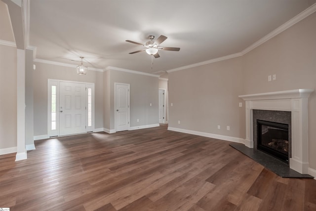 241 Carriage Gate Dr, Wellford, SC 29385 - unfurnished living room with a ceiling fan, dark wood-style flooring, a fireplace, baseboards, and ornamental molding
