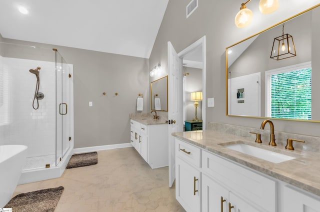 4 Barley Mill Dr, Greer, SC 29651 - full bath featuring a sink, a shower stall, lofted ceiling, and visible vents