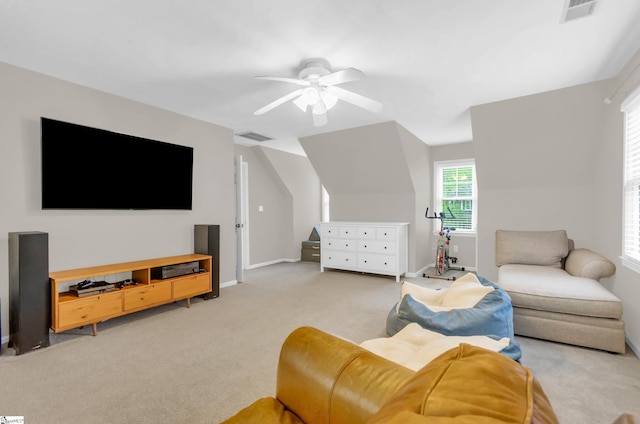 4 Barley Mill Dr, Greer, SC 29651 - living area with visible vents, baseboards, ceiling fan, and light carpet