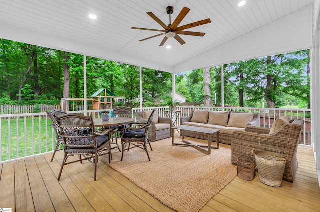 4 Barley Mill Dr, Greer, SC 29651 - wooden deck with a fenced backyard, an outdoor living space, a ceiling fan, a playground, and outdoor dining space
