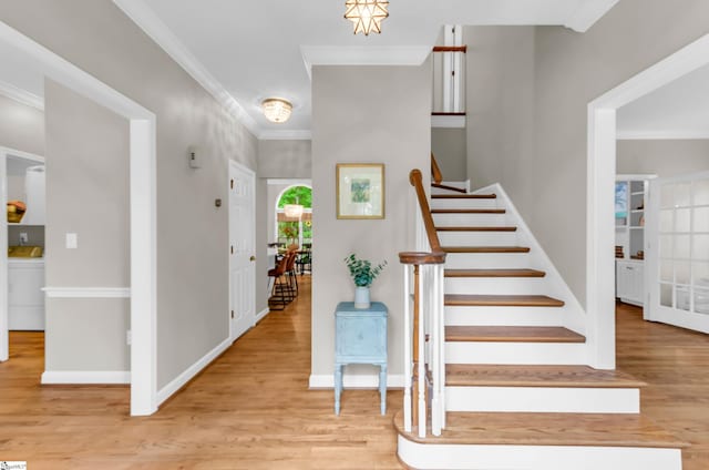 4 Barley Mill Dr, Greer, SC 29651 - stairway featuring baseboards, ornamental molding, and wood finished floors