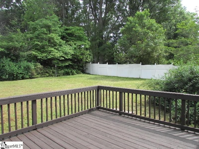 wooden terrace featuring a fenced backyard and a yard