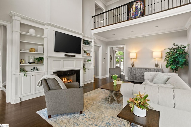 312 Stonebrook Farm Way, Greenville, SC 29615 - living room featuring crown molding, a high ceiling, dark wood finished floors, and a warm lit fireplace