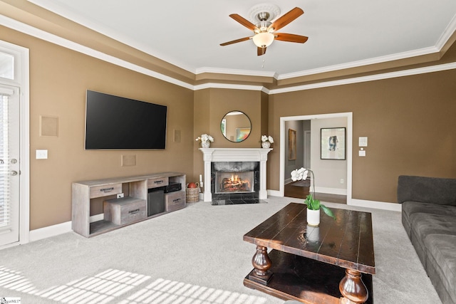 312 Stonebrook Farm Way, Greenville, SC 29615 - carpeted living area featuring crown molding, baseboards, ceiling fan, and a fireplace