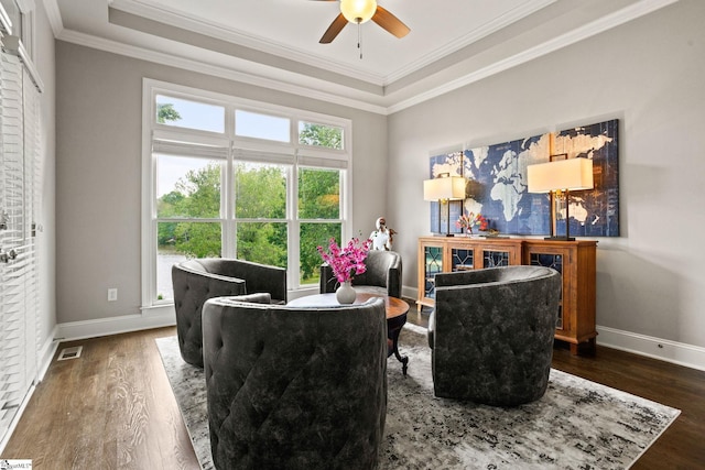 312 Stonebrook Farm Way, Greenville, SC 29615 - living area with ceiling fan, ornamental molding, a tray ceiling, and dark wood-style flooring