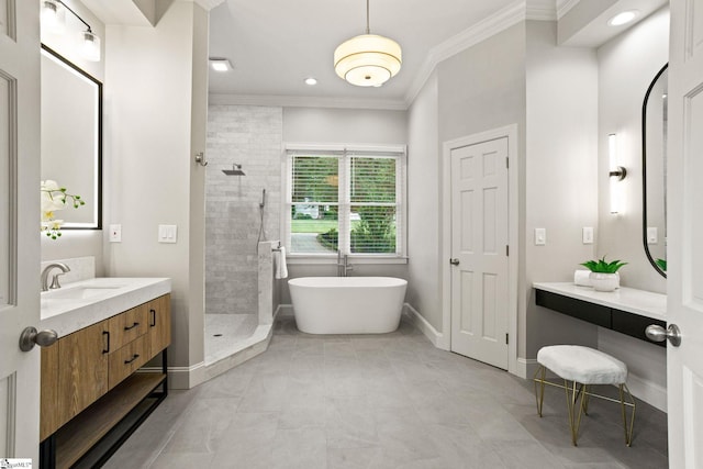 312 Stonebrook Farm Way, Greenville, SC 29615 - bathroom with vanity, baseboards, ornamental molding, a soaking tub, and tiled shower