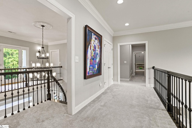 312 Stonebrook Farm Way, Greenville, SC 29615 - corridor featuring a notable chandelier, carpet, baseboards, an upstairs landing, and ornamental molding