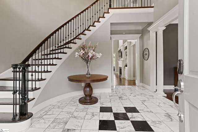 312 Stonebrook Farm Way, Greenville, SC 29615 - entryway with stairway, baseboards, ornate columns, and marble finish floor
