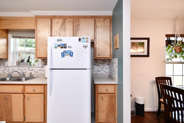 kitchen with freestanding refrigerator, a sink, decorative backsplash, and light countertops