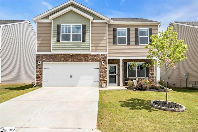 75 Oak Edge Ln, Greer, SC 29651 - craftsman-style home featuring a garage, a front lawn, stone siding, and concrete driveway
