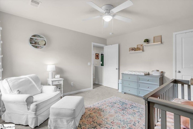 75 Oak Edge Ln, Greer, SC 29651 - bedroom with baseboards, visible vents, light carpet, and ceiling fan