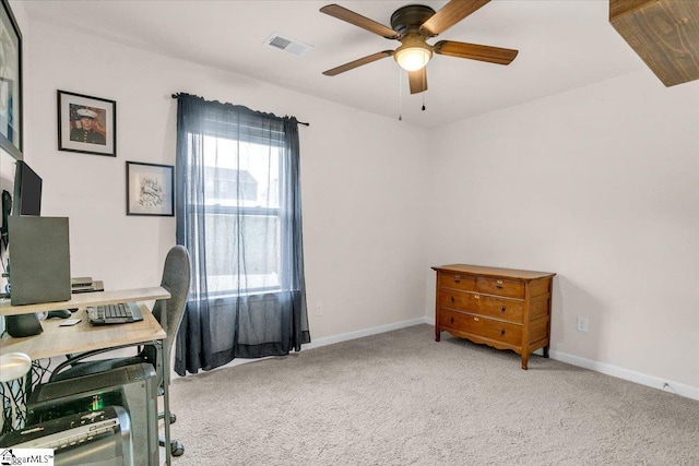 75 Oak Edge Ln, Greer, SC 29651 - home office with baseboards, carpet, a ceiling fan, and visible vents