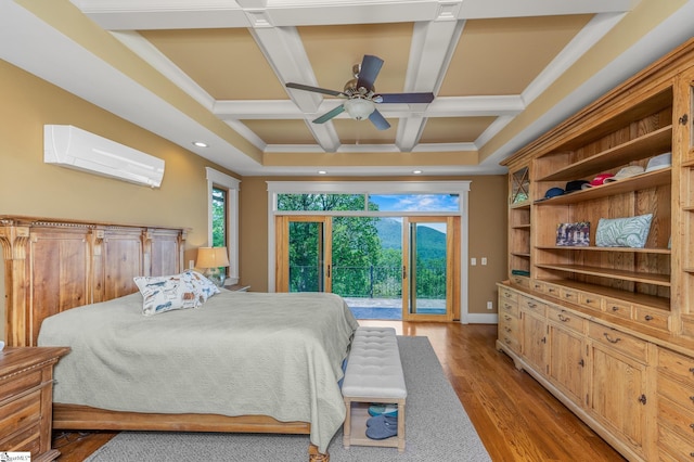 bedroom with access to exterior, baseboards, light wood-type flooring, recessed lighting, and coffered ceiling