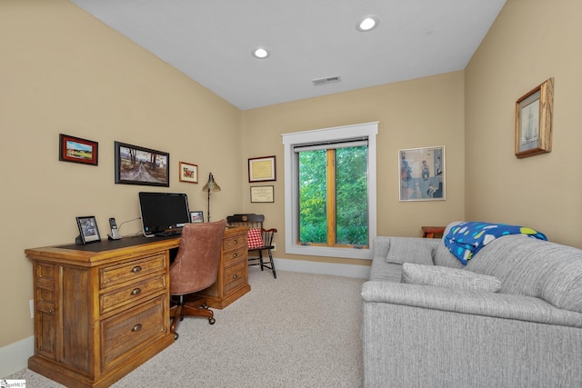 carpeted office with recessed lighting and visible vents
